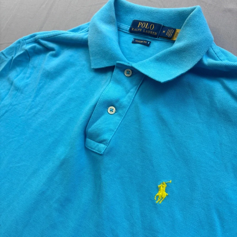 Polo Ralph Lauren Mens Classic Fit Polo Shirt Turquoise Blue Yellow Pony Size M